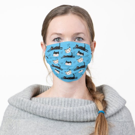 Cute Cartoon Cats on Blue Adult Cloth Face Mask (Worn)