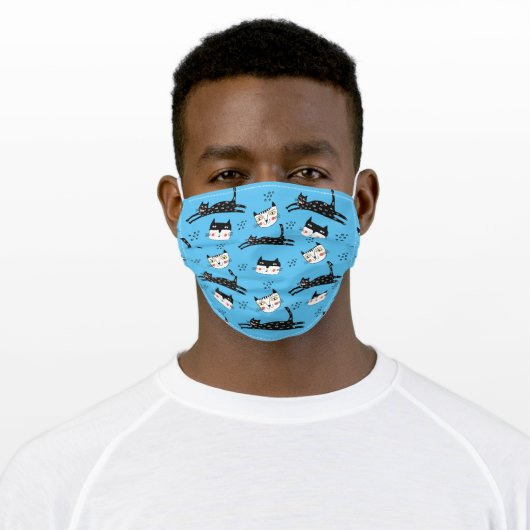 Cute Cartoon Cats on Blue Adult Cloth Face Mask (Worn)