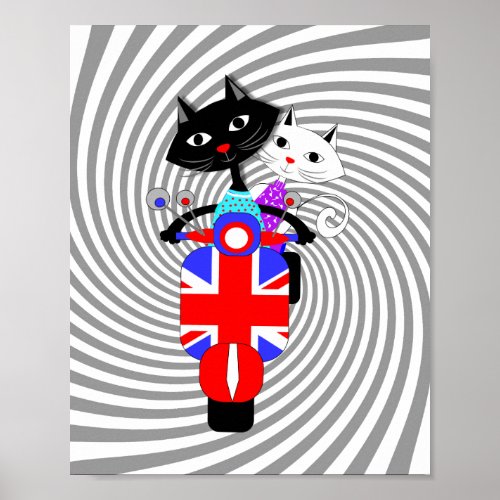 Cute Cartoon Cats On Union Jack Retro Scooter Poster