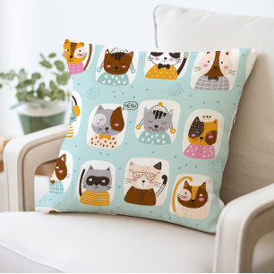 Cute Cartoon Cats Pillow, Funny Cat Faces Throw Pillow