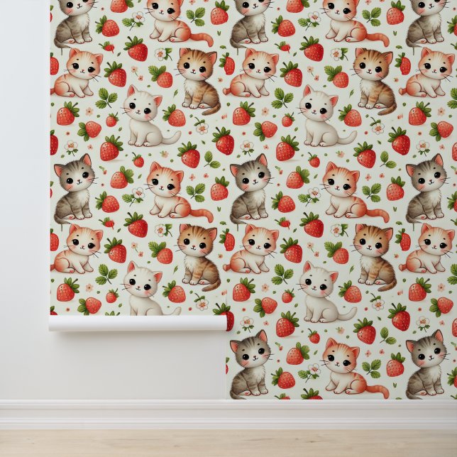 Cute Cartoon Cats with Strawberry Pattern  Wallpaper (Application)