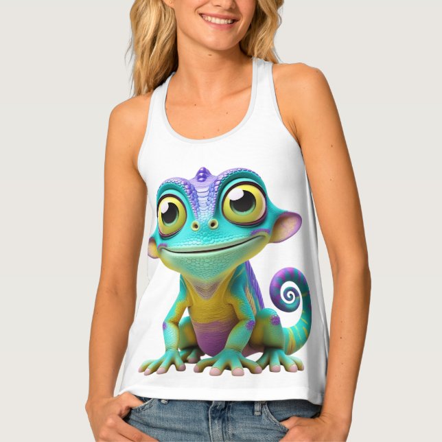 Cute Cartoon Chameleon With Big Eyes  Tank Top (Front)