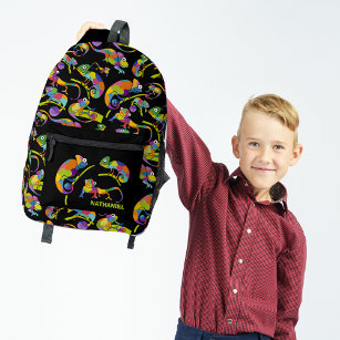 Cute Cartoon Chameleons Bright Colors, Black Printed Backpack