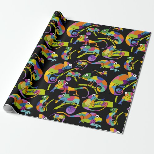 Cute Cartoon Chameleons Bright Colors Black Wrapping Paper