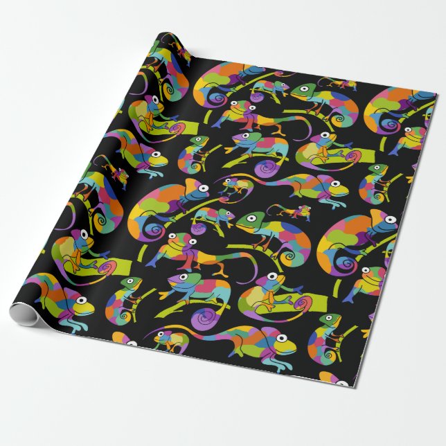 Cute Cartoon Chameleons Bright Colors, Black Wrapping Paper (Unrolled)