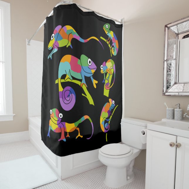 Cute Cartoon Chameleons Bright Colors on Black Shower Curtain (In Situ)