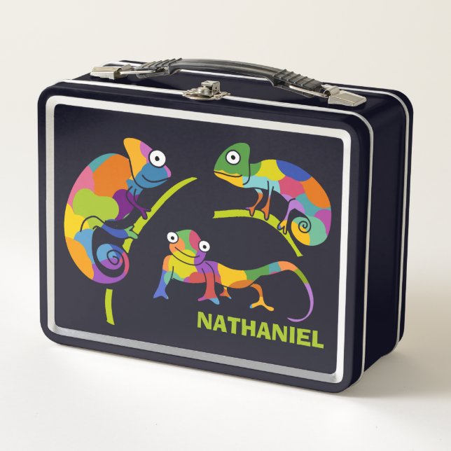Cute Cartoon Chameleons Bright Colors Personalized Metal Lunch Box (Front)