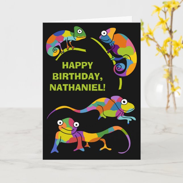 Cute Cartoon Chameleons Personalized Birthday Card (Yellow Flower)