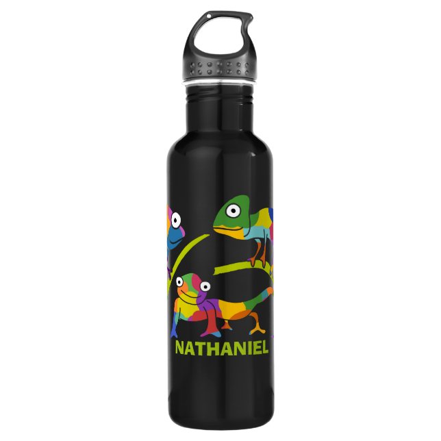 Cute Cartoon Chameleons Personalized Stainless Steel Water Bottle (Front)