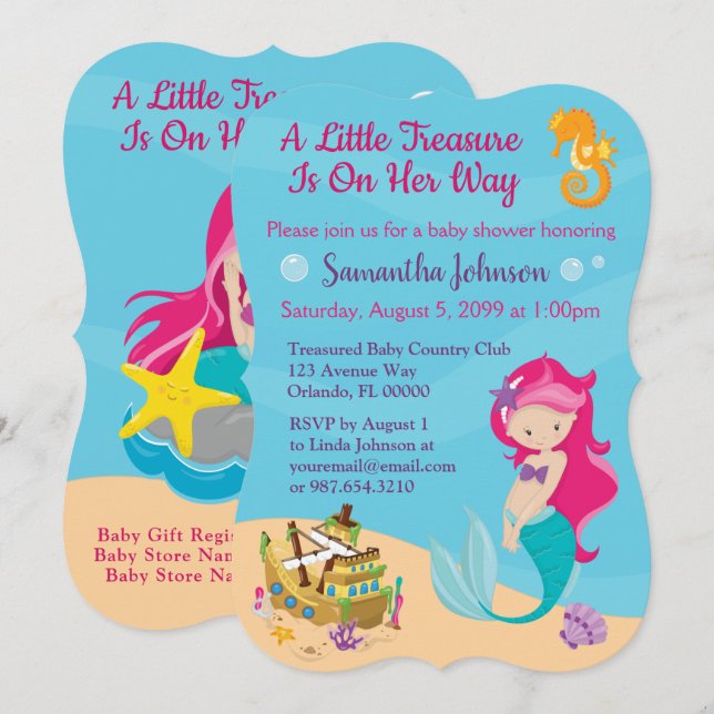 Cute Cartoon Character Mermaid Baby Shower Design Invitation (Front/Back)