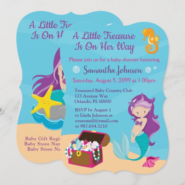 Cute Cartoon Character Mermaid Baby Shower Design Invitation (Front/Back)