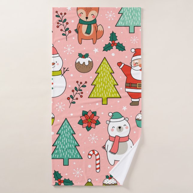 Cute cartoon character, pine trees and christmas e bath towel (Bath Towel)