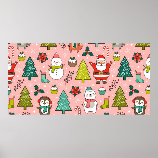 Cute cartoon character, pine trees and christmas e poster (Front)