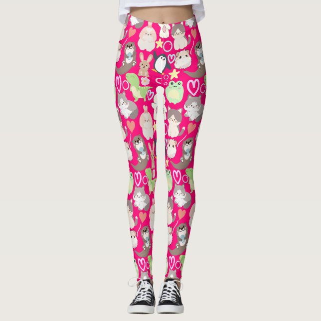 Cute Cartoon characters pattern B Pink BG Leggings (Front)