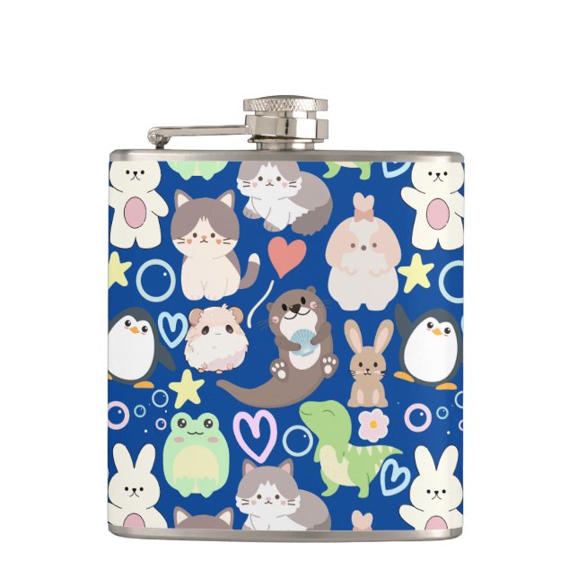 Cute Cartoon characters pattern D Blue BG Flask (Front)