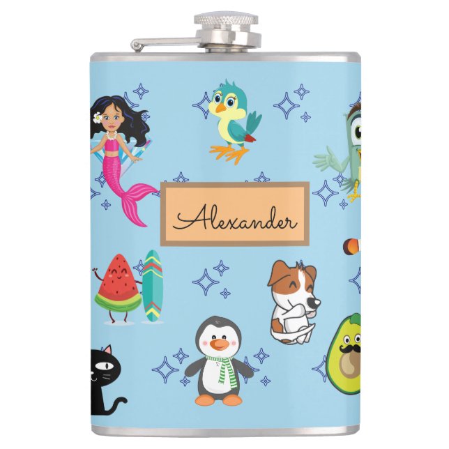 Cute Cartoon Characters Pattern For Kids Flask (Front)
