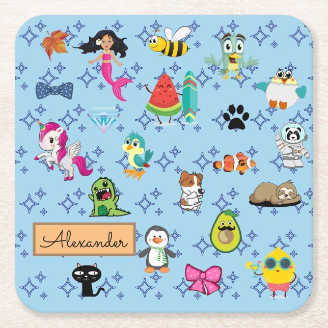 Cute Cartoon Characters Pattern For Kids Square Paper Coaster (Front)