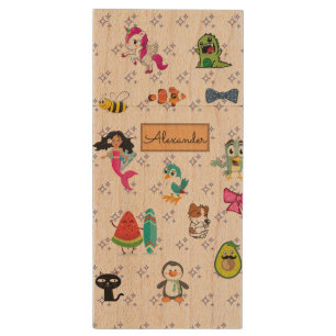 Cute Cartoon Characters Pattern For Kids Wood Flash Drive