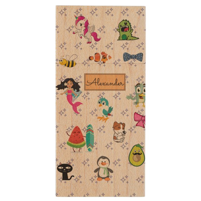 Cute Cartoon Characters Pattern For Kids Wood Flash Drive (Back (Vertical))