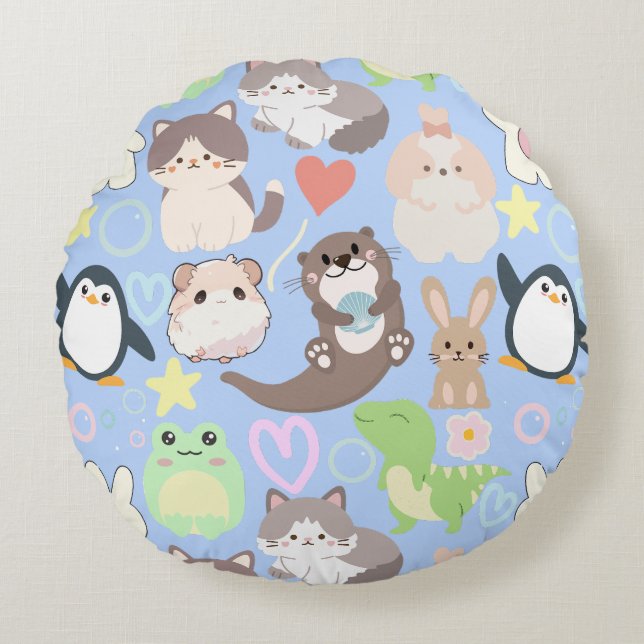 Cute Cartoon characters pattern L Blue BG Round Pillow (Front)