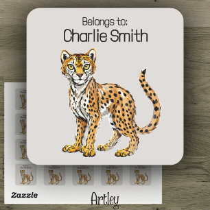 Cute Cartoon Cheetah Kids Name Tag Label 
