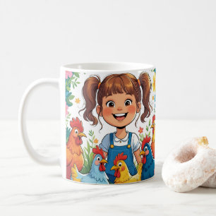 Cute Cartoon Chicken, Colorful Floral. Farm Animal Coffee Mug