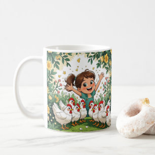Cute Cartoon Chicken, Colorful Floral. Farm Animal Coffee Mug