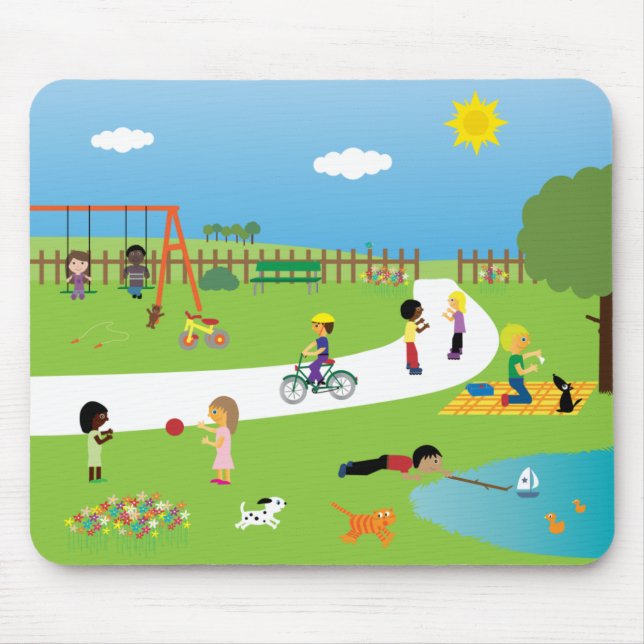 Cute Cartoon Children & Pets Playing In The Park Mouse Pad (Front)