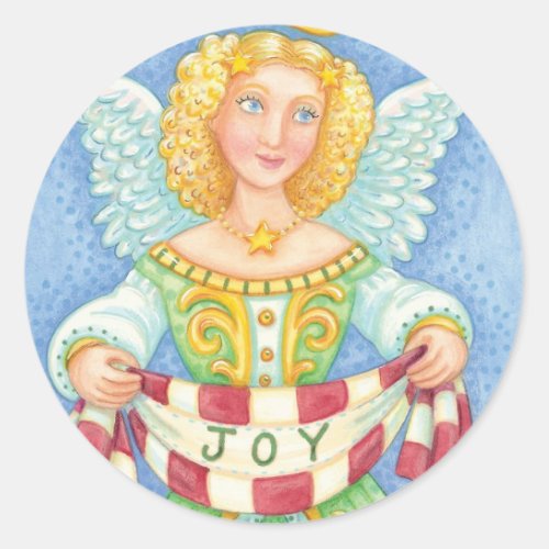 Cute Cartoon Christmas Angel Halo with Joy Banner Classic Round Sticker
