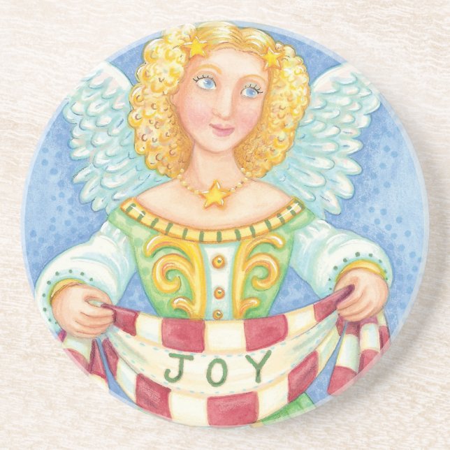 Cute Cartoon Christmas Angel Halo with Joy Banner Drink Coaster (Front)