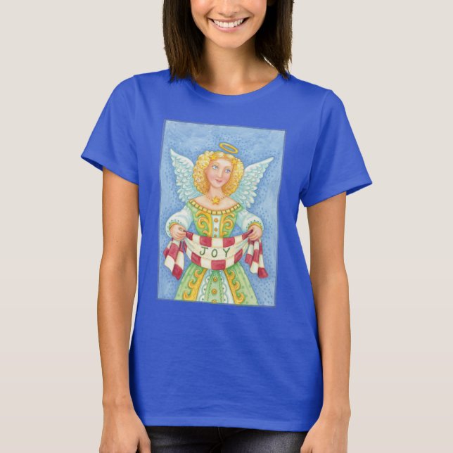 Cute Cartoon Christmas Angel Halo with Joy Banner T-Shirt (Front)