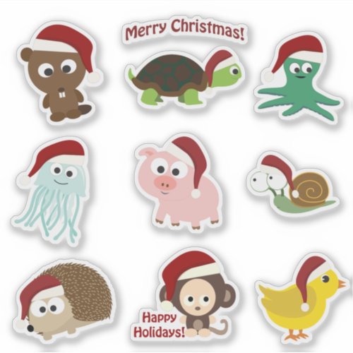 Cute Cartoon Christmas  Animals Wearing Santa Hats Sticker