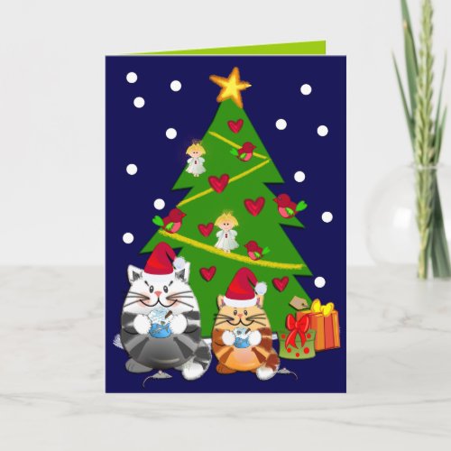 Cute Cartoon Christmas card with tree  cats