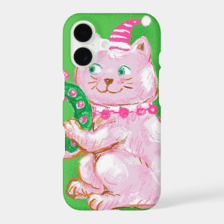 Cute Cartoon Christmas Cat Holding Wreath iPhone 17 Case