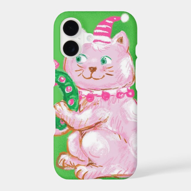 Cute Cartoon Christmas Cat Holding Wreath Case-Mate iPhone Case (Back)