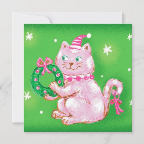 Cute Cartoon Christmas Cat Holding Wreath Holiday Card