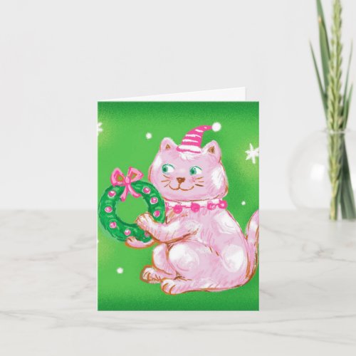 Cute Cartoon Christmas Cat Holding Wreath Holiday Card