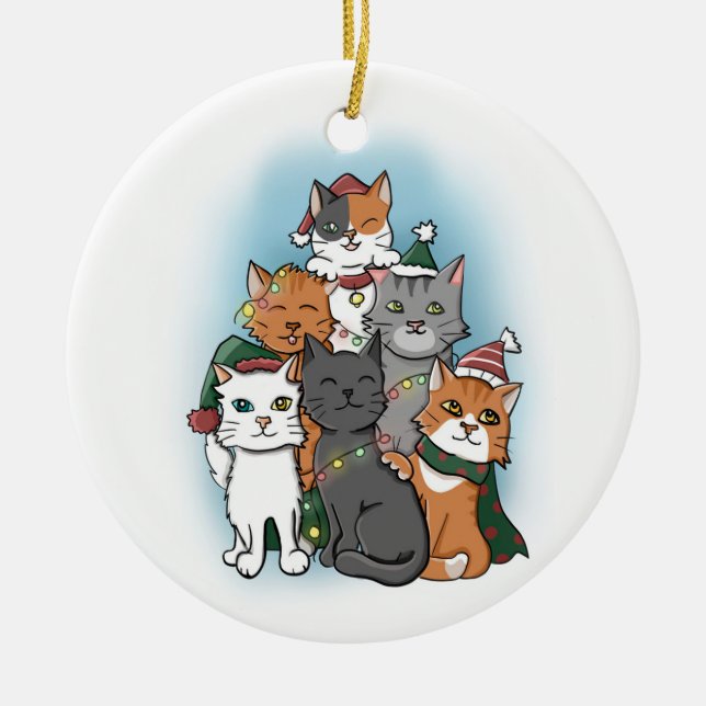 Cute Cartoon Christmas Cat Pile  Ceramic Ornament (Front)
