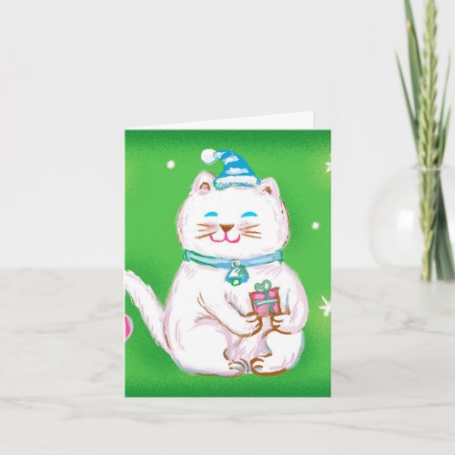 Cute Cartoon Christmas Cat Wearing a Santa Hat Holiday Card