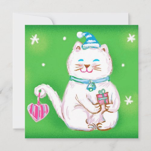 Cute Cartoon Christmas Cat Wearing a Santa Hat Holiday Card