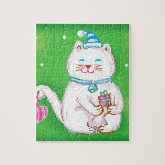 Cute Cartoon Christmas Cat Wearing a Santa Hat Jigsaw Puzzle (Vertical)
