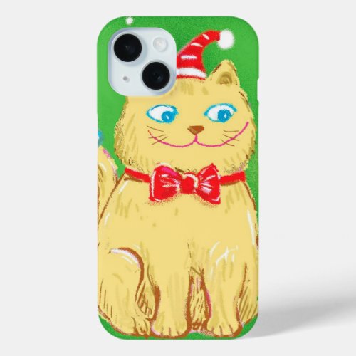 Cute Cartoon Christmas Cat with Santa Hat iPhone 15 Case