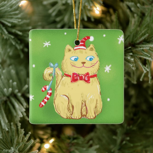 Cute Cartoon Christmas Cat with Santa Hat Ceramic Ornament (Tree)