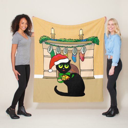 Cute Cartoon Christmas Cat with santa Hat Fleece Blanket