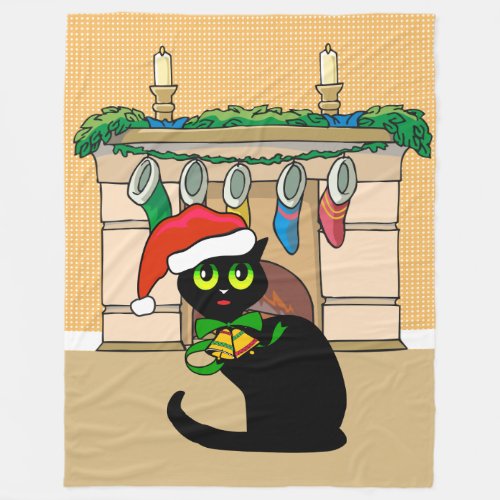 Cute Cartoon Christmas Cat with santa Hat Fleece Blanket