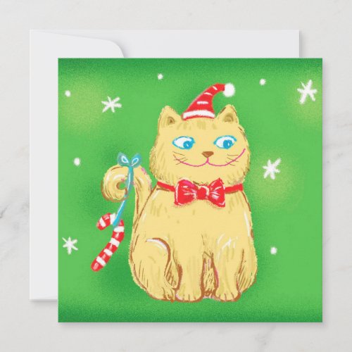 Cute Cartoon Christmas Cat with Santa Hat Holiday Card