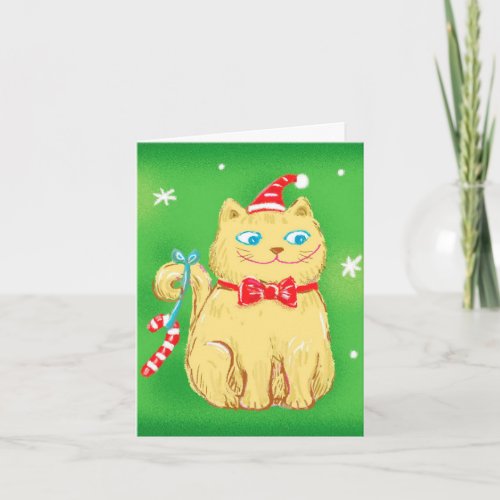 Cute Cartoon Christmas Cat with Santa Hat Holiday Card