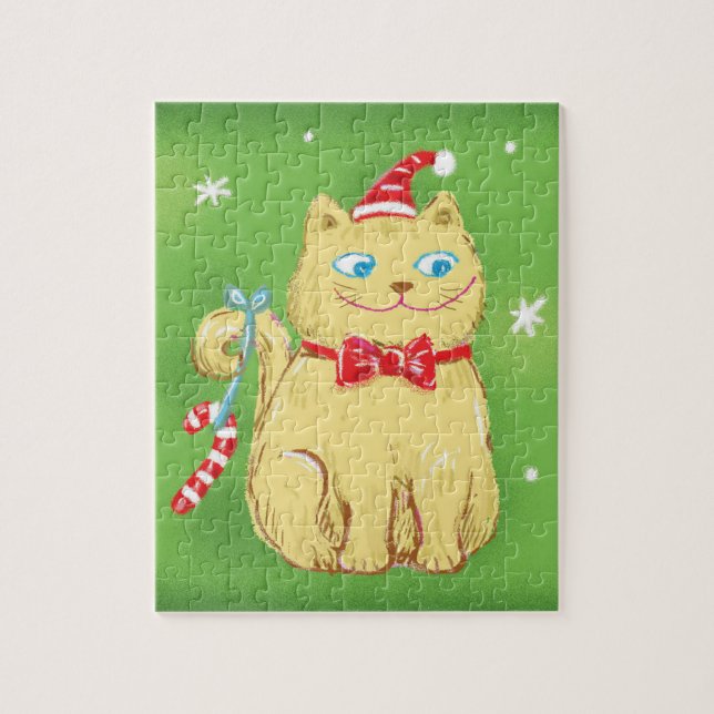 Cute Cartoon Christmas Cat with Santa Hat Jigsaw Puzzle (Vertical)