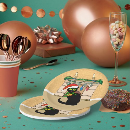 Cute Cartoon Christmas Cat with santa Hat Paper Plates