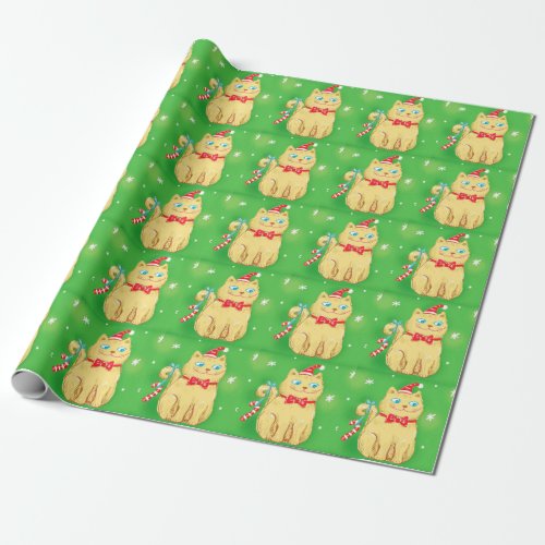 Cute Cartoon Christmas Cat with Santa Hat Wrapping Paper